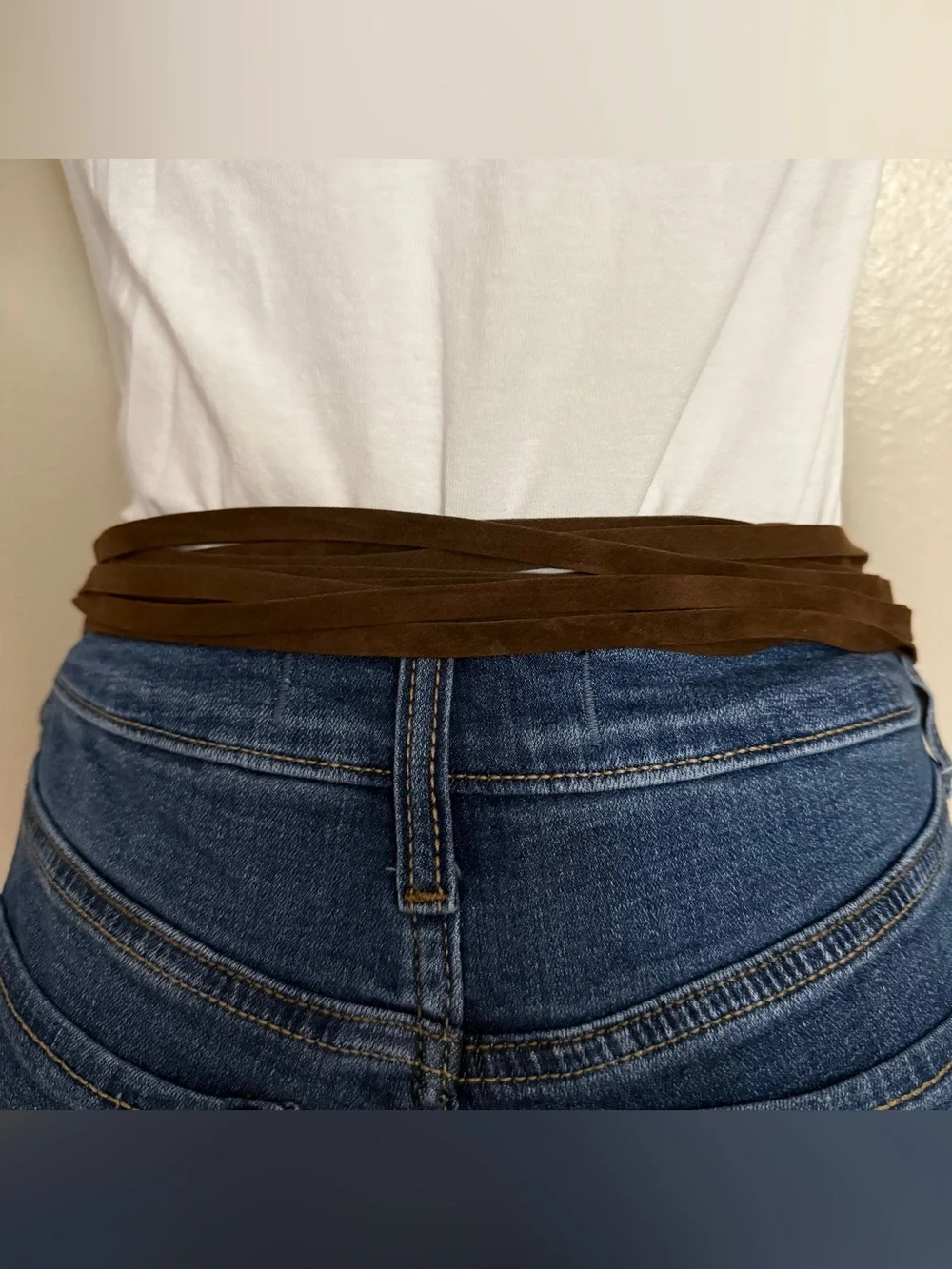 Brown PU suede leather wrap belt silver ring buckle with long fringe details